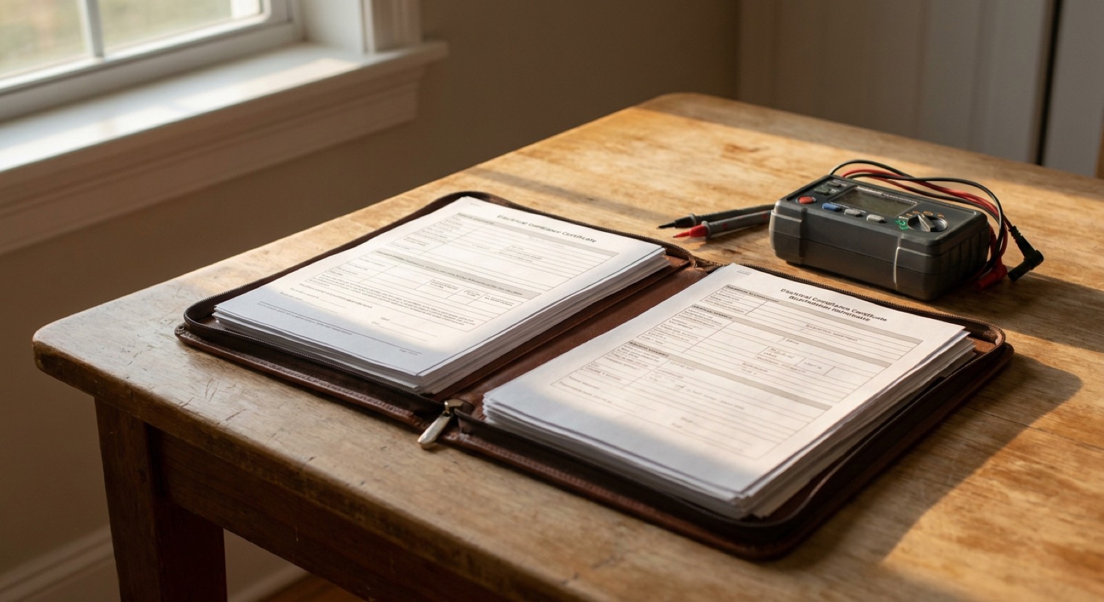 Electrical certification paperwork and test instrument on a kitchen table